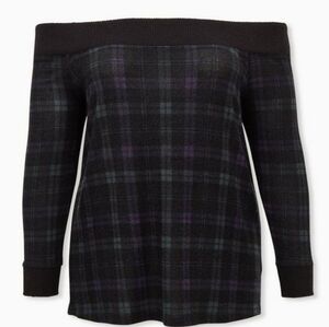 Torrid Off-Shoulder Black and Purple Plaid Top